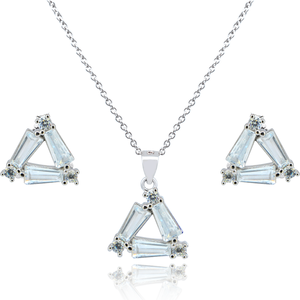 Juego de Collar y aretes en forma de Triángulo Zirconias Blancas en Plata.