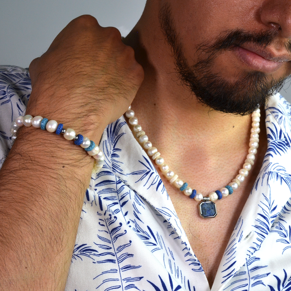 Collar de Perlas Naturales Con Piedra Lapislázuli Para Hombre