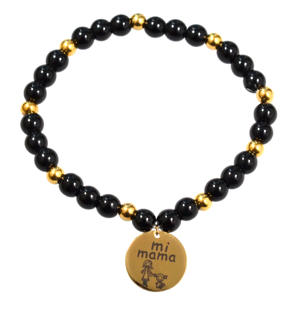 Pulsera "Mi mamá" Con piedra Volcánica y Dije de Acero Dorado