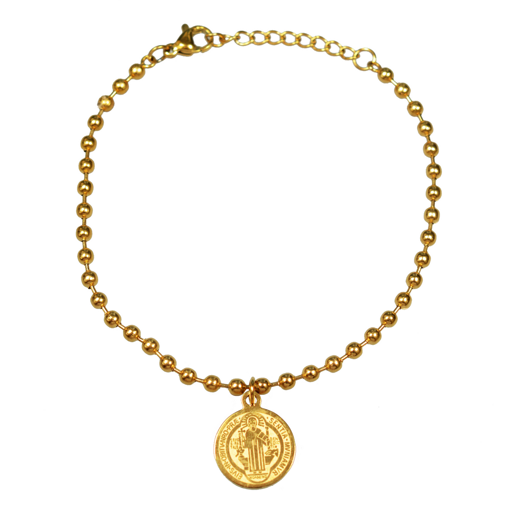 Pulsera San Benito con Esferas en Acero Dorado