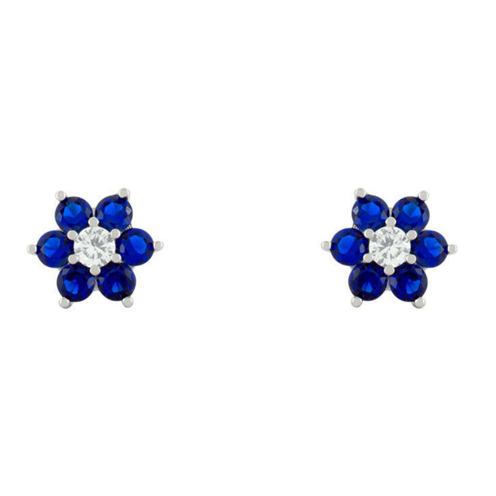 Aretes de Plata en Forma de Flor con Zirconias Azules y Blancas