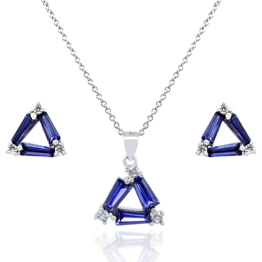 Juego de Collar y aretes en forma de Triángulo Zirconias Azules en Plata.