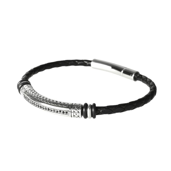 Esclava de Piel Trenzada Negra con Tubo de Acero Inoxidable