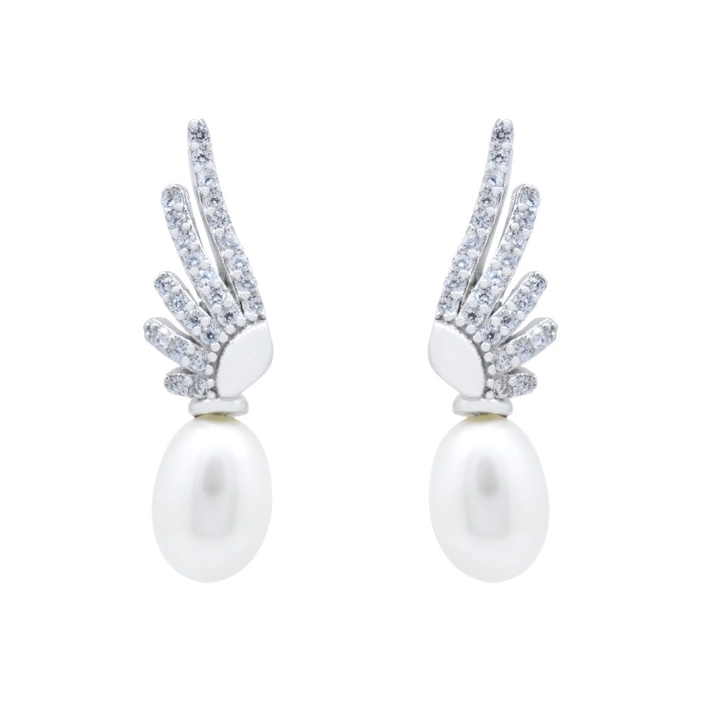 Aretes Alas de Plata con Perla Calabazo y Circonias