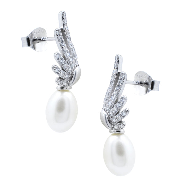 Aretes Alas de Plata con Perla Calabazo y Circonias