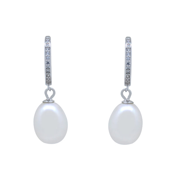 Arracadas Huggies de Plata .925 con Perla tipo Calabazo y Zirconias Pequeñas