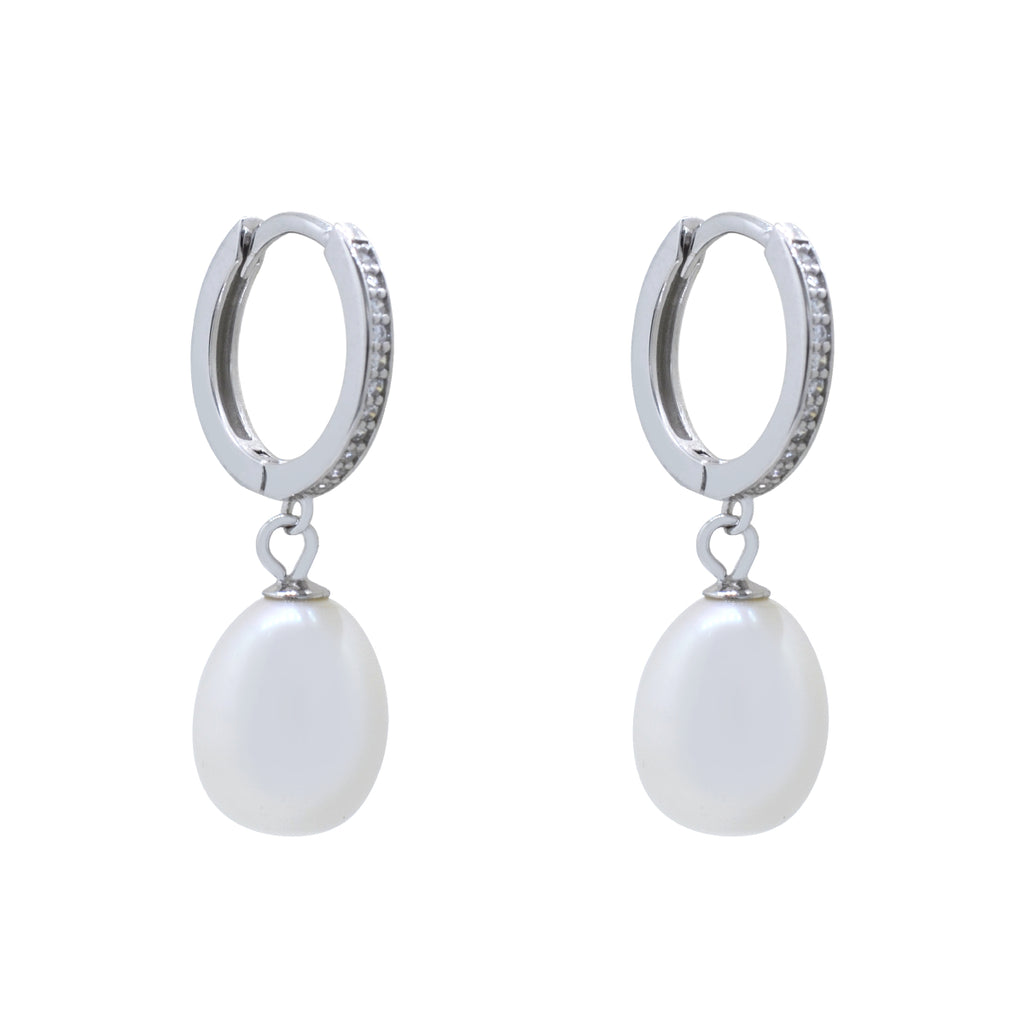 Arracadas Huggies de Plata .925 con Perla tipo Calabazo y Zirconias Pequeñas