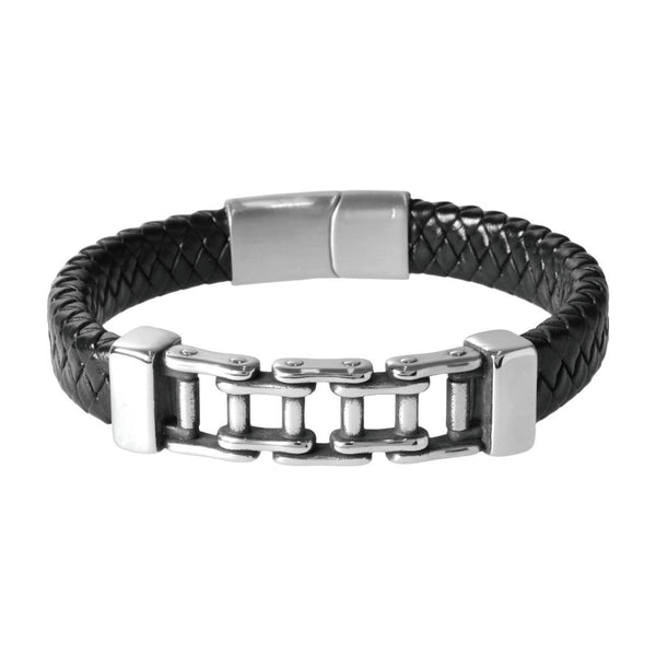 Pulsera de Piel Trenzada con Adorno de Cadena Bicicleta en Acero Inoxidable