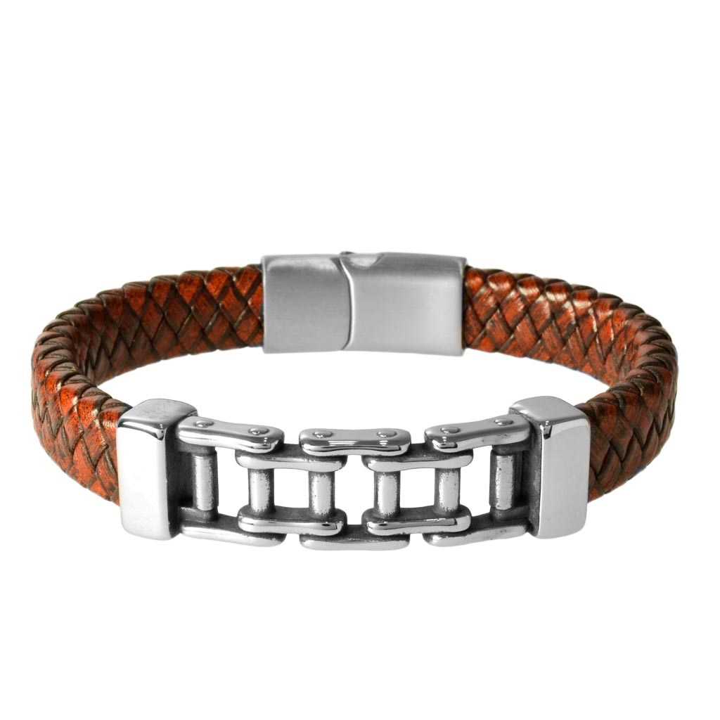 Pulsera de Piel Trenzada con Adorno de Cadena Bicicleta en Acero Inoxidable