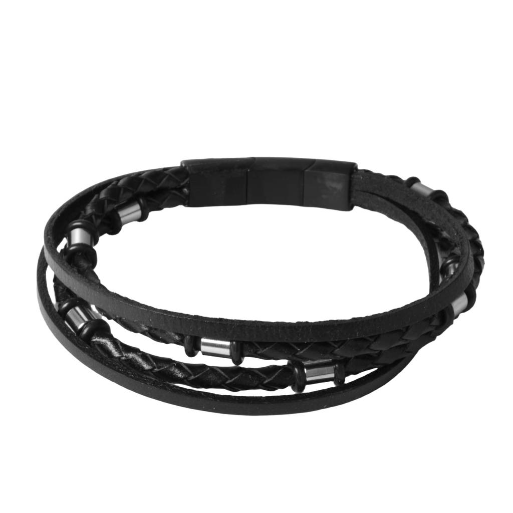 Pulsera de 4 Tiras de Piel con Clindros