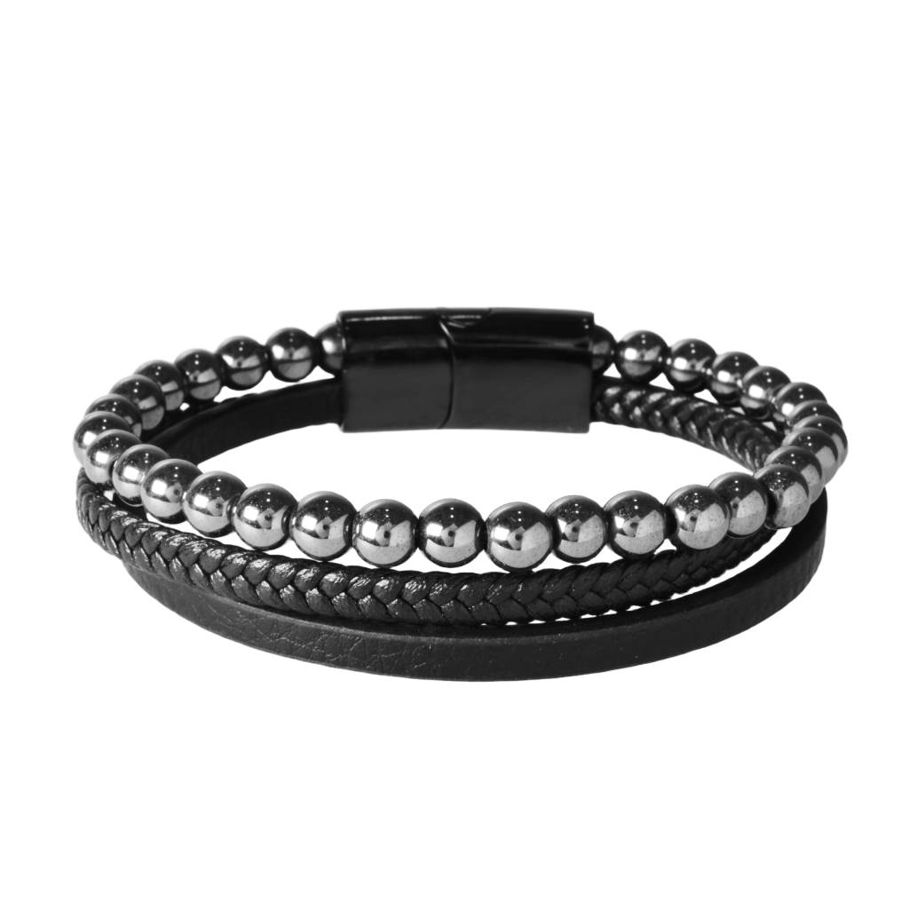 Pulsera de Tiras de Piel y Hematita