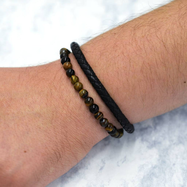 Pulsera de Piel Trenzada y Piedra Ojo de Tigre
