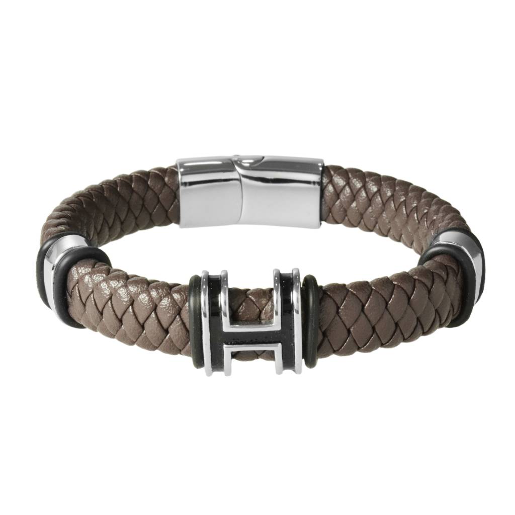 Pulsera de Piel Trennzada con Adorno Letra "H" de Acero