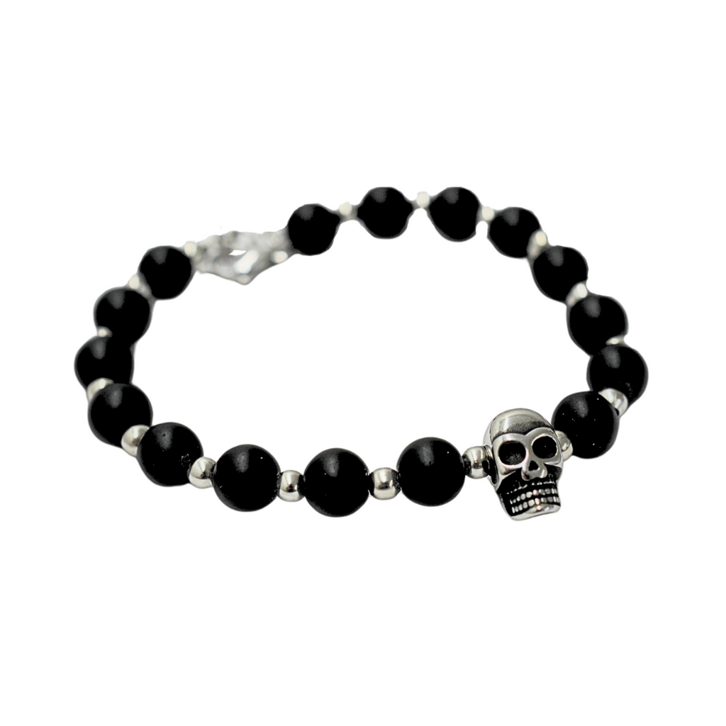 Pulsera Craneo con Cuentas Negras en Acero Inoxidable