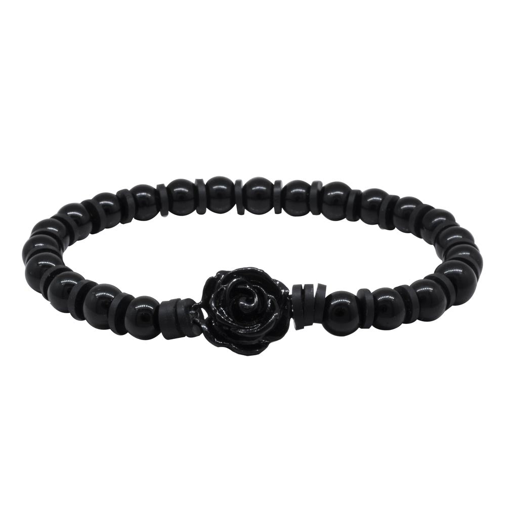 Pulsera con Rosa Negra y Piedra Volcánica Lisa