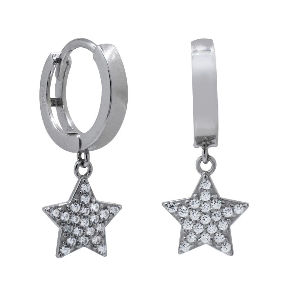 Arracadas Huggies con Estrella Pavé Colgante en Plata .925