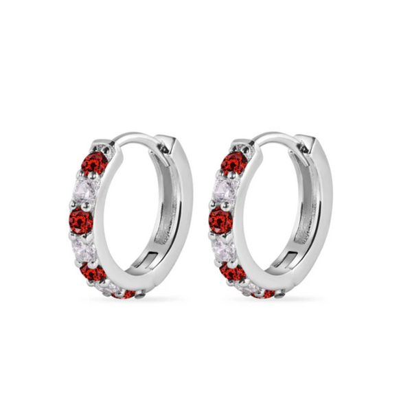 Arracadas Huggies con Zirconias Rojas en Plata .925