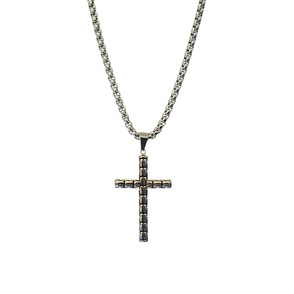 Gargantilla Cruz con Rectángulos Pavonada en Acero Inoxidable