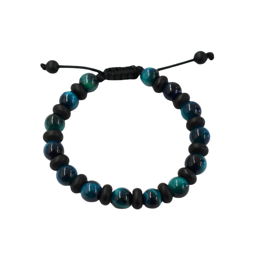 Pulsera tejida con Ojo de Tigre Azul y Piedra Volcánica