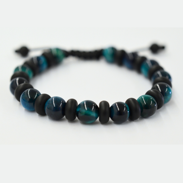 Pulsera tejida con Ojo de Tigre Azul y Piedra Volcánica