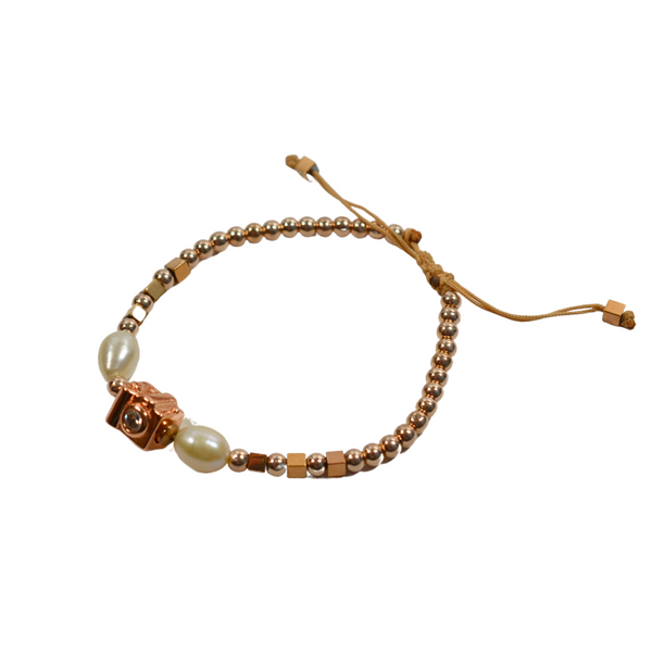 Pulsera Cámara Rosada con Hematitas Rosadas y Perla Natural