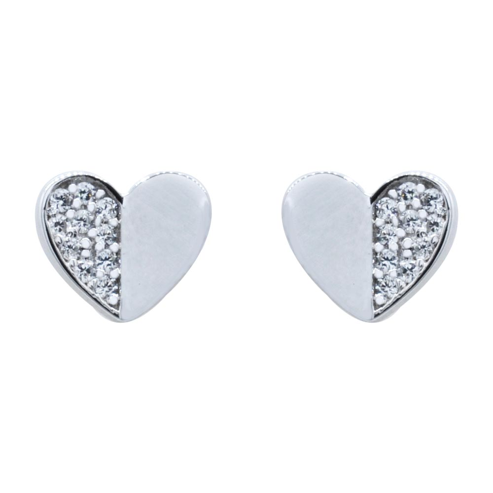 Broqueles Corazón Medio Pave en Plata .925