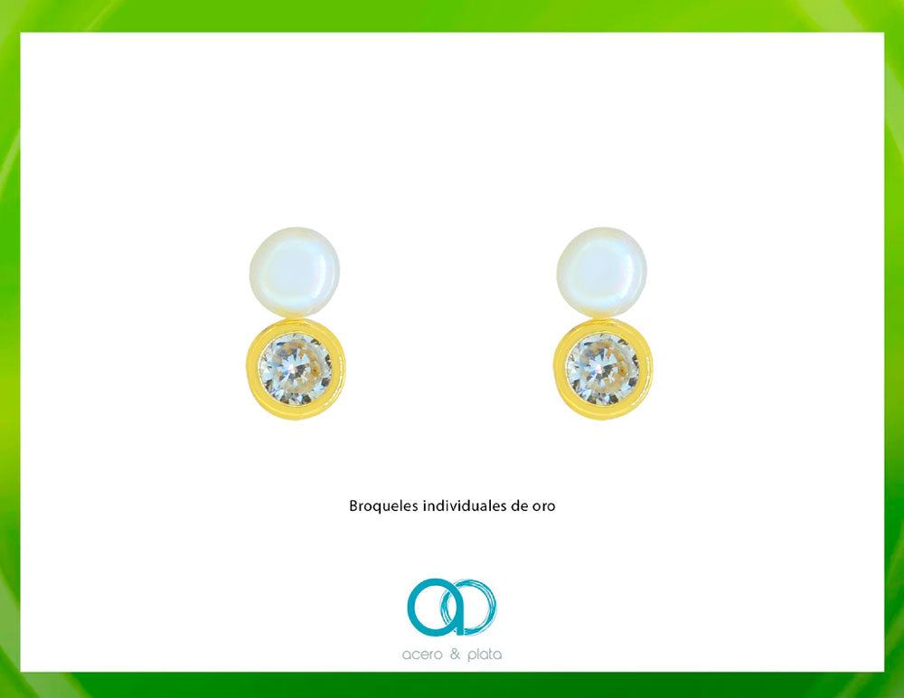 Broqueles de Oro de 10K con Perla Blanca y Zirconia Blanca