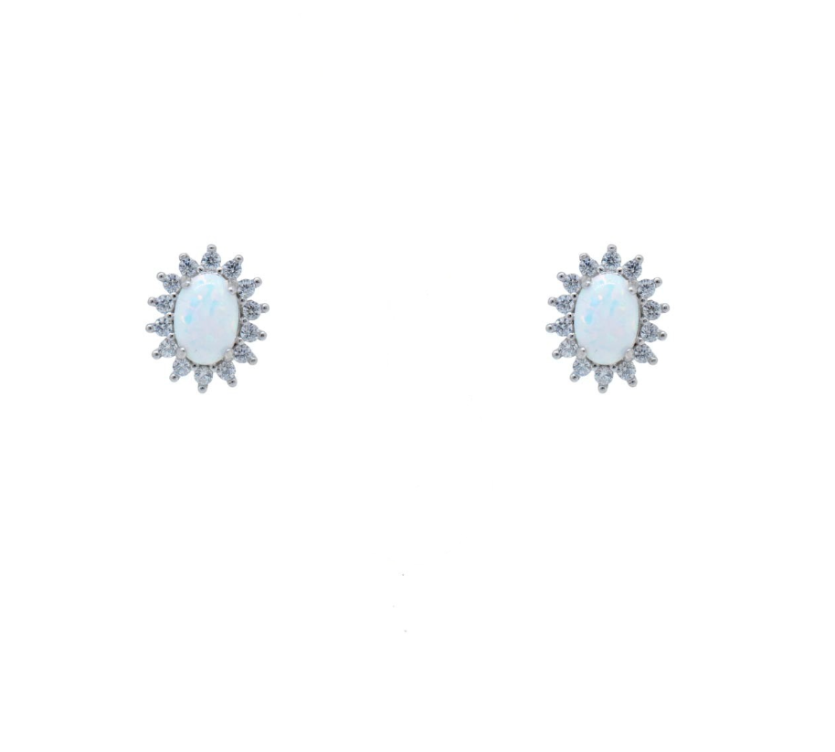 Aretes Princesa con Roseta de zirconias y ópalo blanco en plata .925