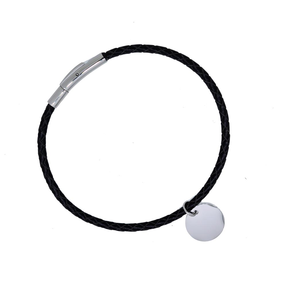 Pulsera de Piel Negra de Hombre con Dije de Acero Inoxidable