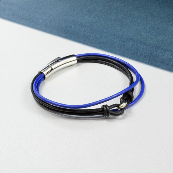 Pulsera de Piel Negra y Azul para Hombre