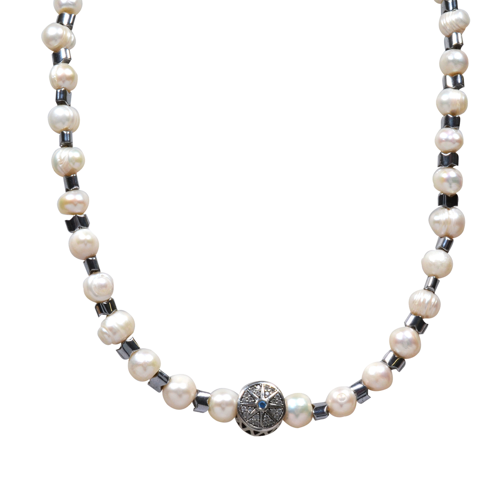 Collar de Perlas Naturales Con Estrella Para Hombre – Acero y Plata