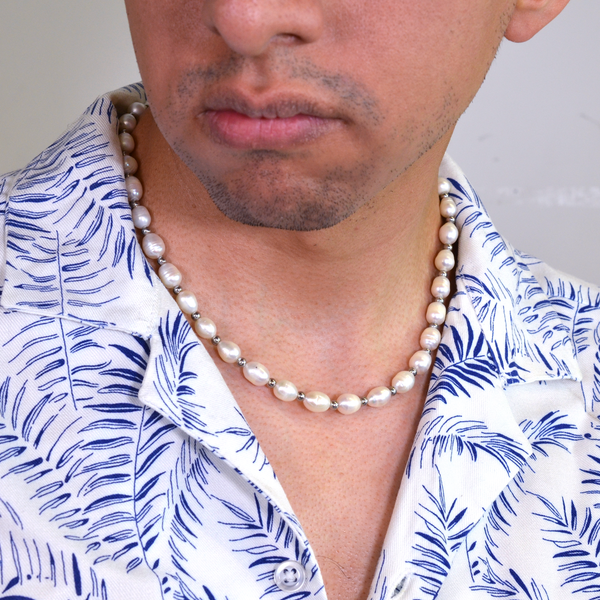Collar de Perlas Para Hombre Con Esferas De Acero