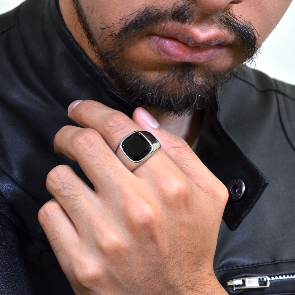 Anillo de Sello Cristal Negro En Acero Inoxidable Acero y Plata