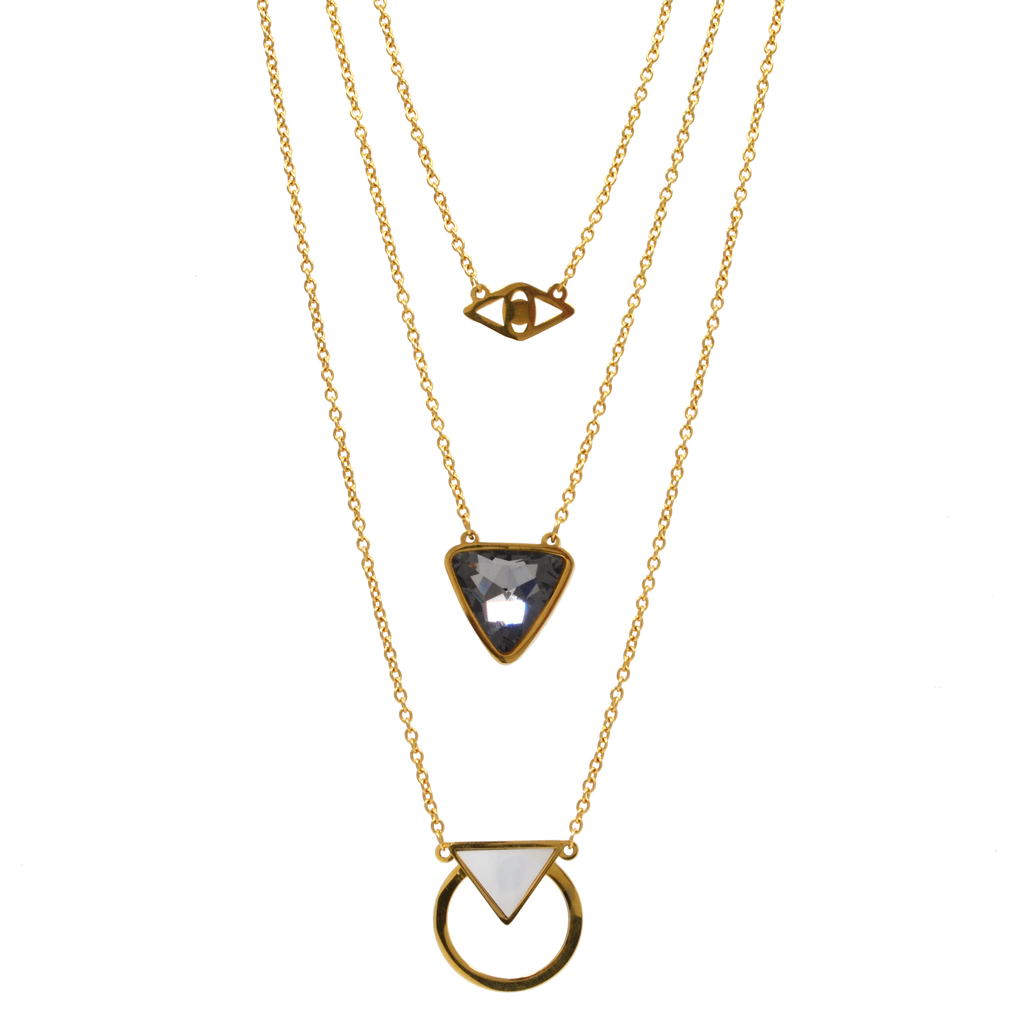 Collar De Mujer Dorado Triple con Triángulo Ojo y Círculo.