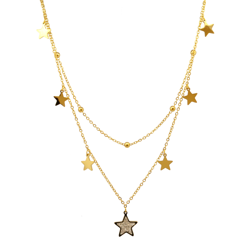 Collar Gargantilla Doble Con Estrellas y Esferas en Acero Gold