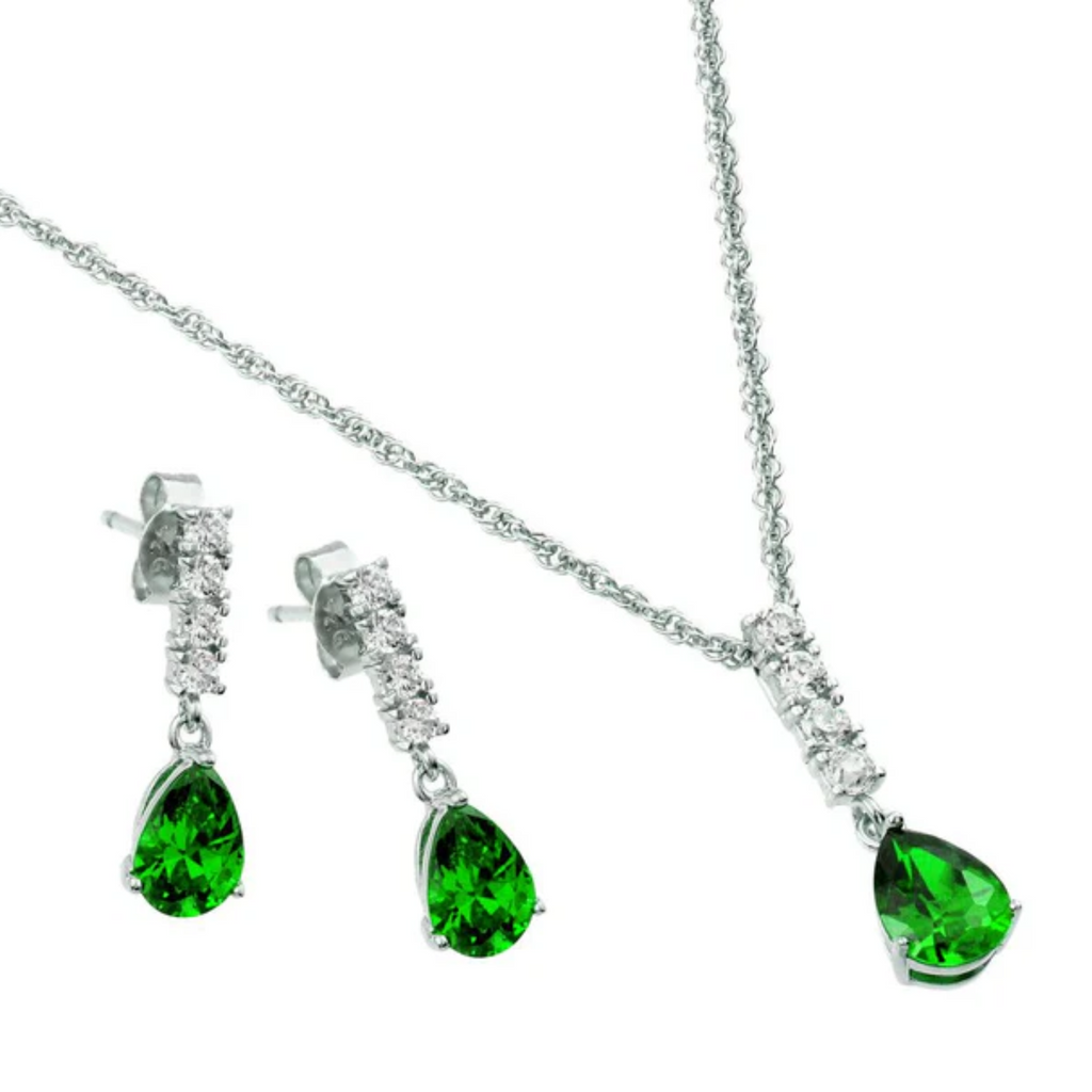 Juego Gota Verde con Barra de Zirconias en Plata .925