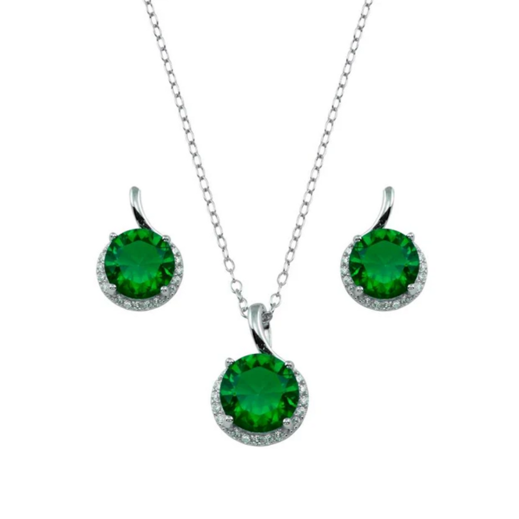 Juego con Onda y Zirconia Verde en Plata .925