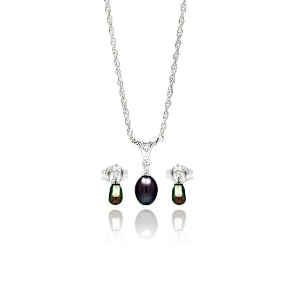 Juego Mini Calabazo en Perla Natural Negra con Zirconia en Plata .925