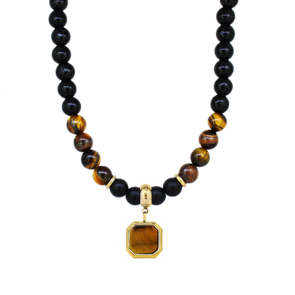 Collar de Piedra Ojo de Tigre con Piedra Volcánica y Dije de Cuadro
