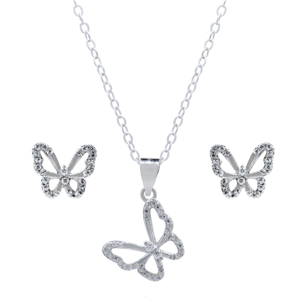 Juego Mariposas Calada con Zirconias en Plata .925