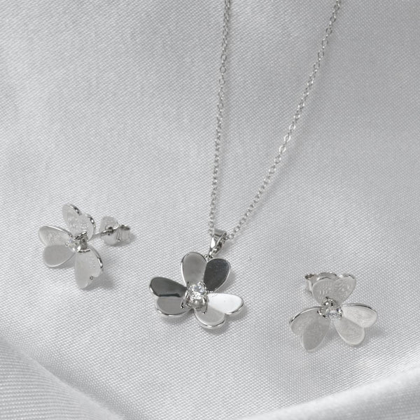 Juego Trébol liso con Zirconia en Plata .925