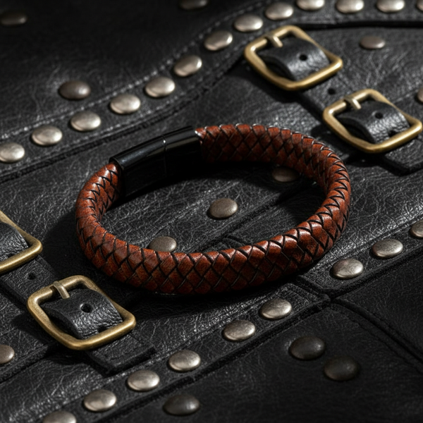 Pulsera de Piel Trenzada Café con Placa de Acero