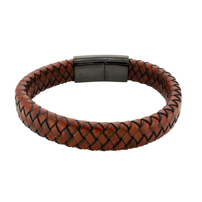 Pulsera de Piel Trenzada Café con Placa de Acero